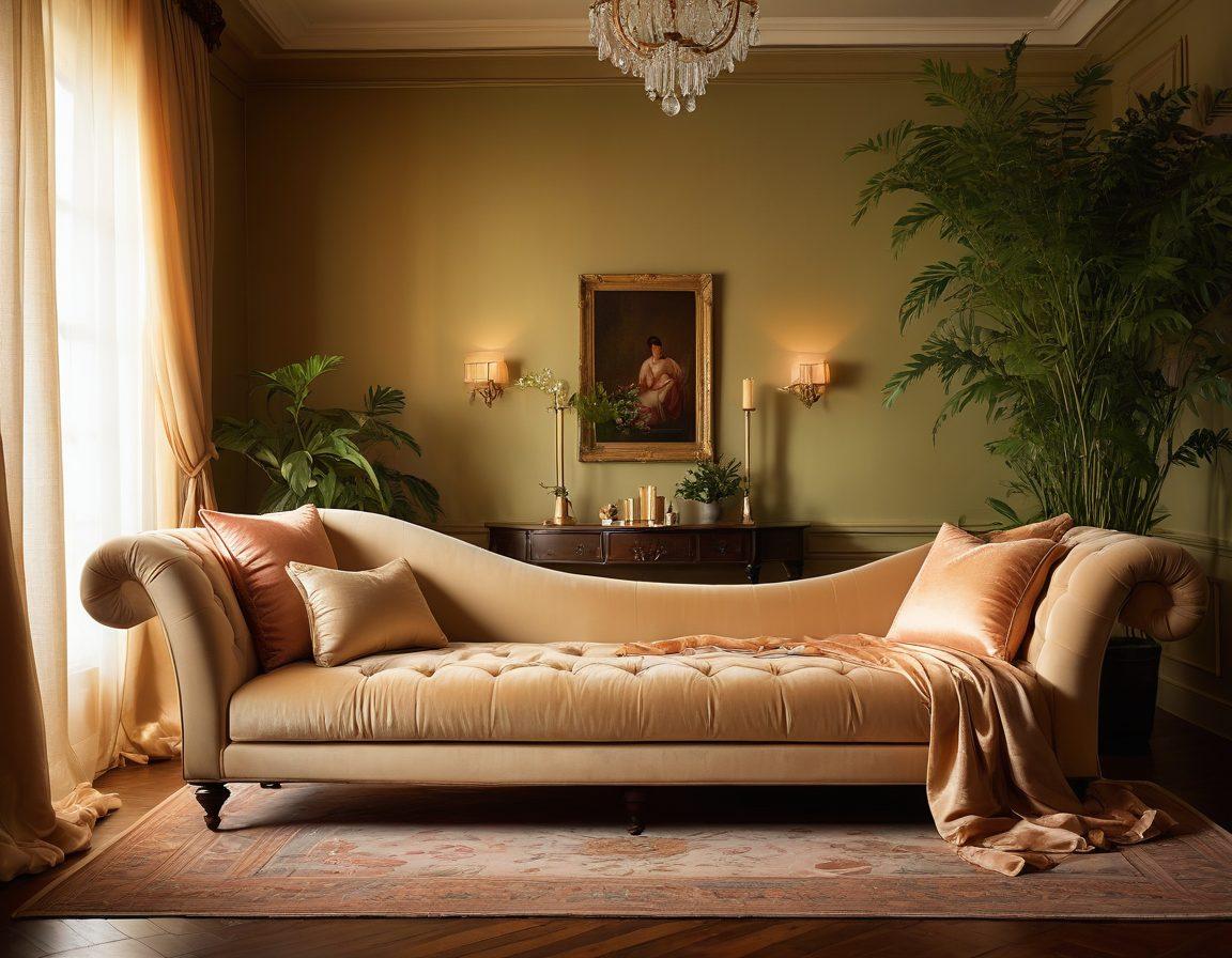 A luxurious dimly-lit room featuring a plush chaise lounge, adorned with soft, inviting fabrics. In the foreground, an elegant silhouette of a couple sharing an intimate moment, accentuated by soft candlelight and sensuous shadows. Lush greenery and tasteful decor create an inviting atmosphere for exploration and connection. Add elements like silk sheets and a hint of sparkling champagne to enhance the allure. super-realistic. vibrant colors. soft focus.