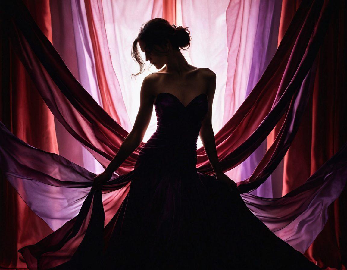 A sensual and inviting scene featuring a silhouette of an alluring figure in soft, flowing fabrics surrounded by vibrant shades of deep reds and purples. Ethereal lighting creates a dreamlike ambiance, with subtle hints of abstract representations of intimacy and romance in the background. The focus is on elegance and allure, capturing the essence of sensual experiences. The overall composition should evoke intrigue and sophistication. vibrant colors. super-realistic.