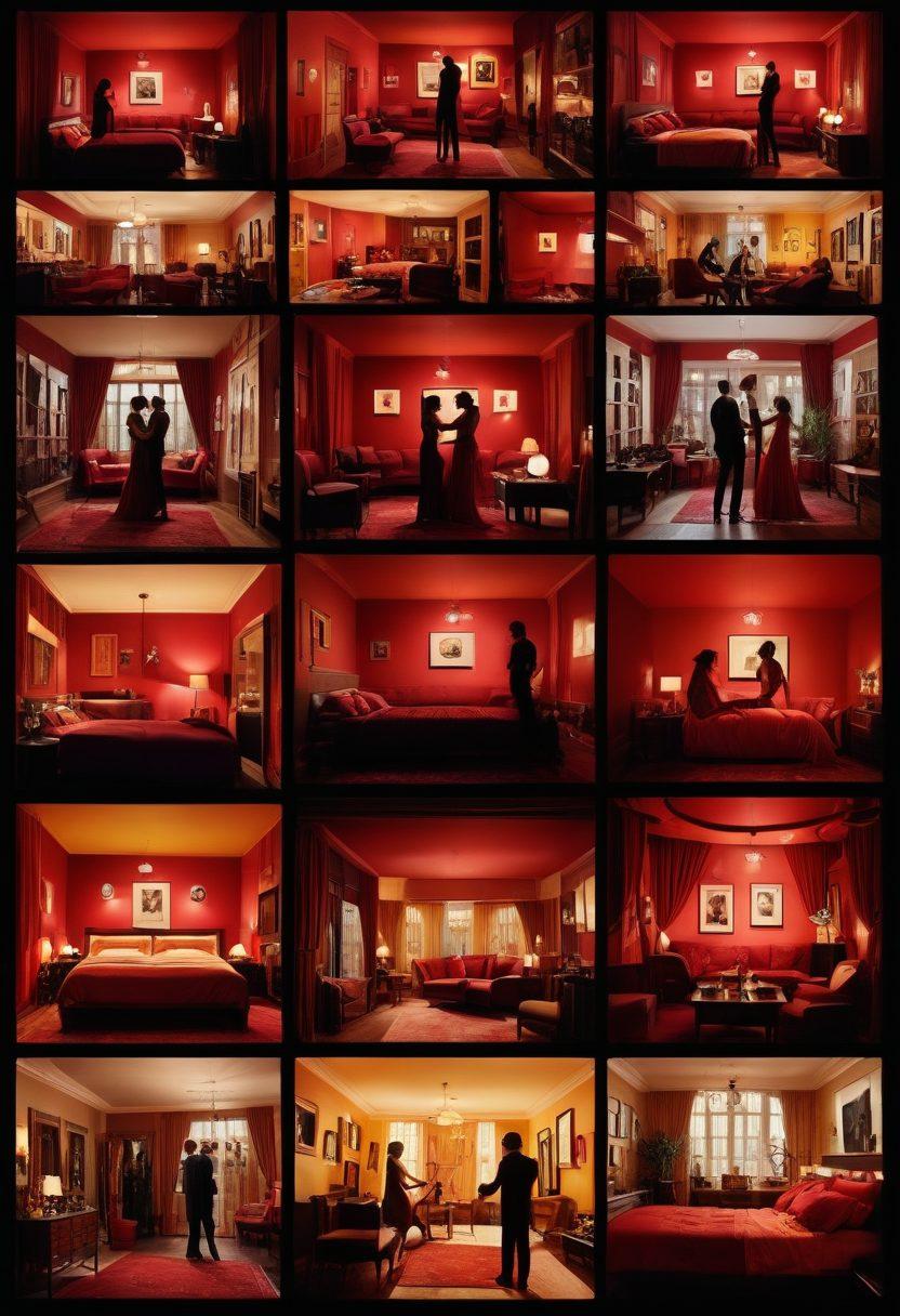 A visually striking collage that juxtaposes iconic scenes from classic raunchy films with modern XXX videos, featuring a sensual, dimly lit room in the background. Silhouettes of couples engaging in intimate moments are subtly blended into the design, radiating warmth and passion. Incorporate elements like vintage film reels and digital video play icons scattered throughout for a vibrant mix of nostalgia and contemporary allure. Use a color palette of deep reds and soft golds to evoke feelings of intimacy and pleasure. cinematic style, warm tones, mixed media.